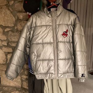 Rare Vintage Silver Puffer Jacket Cleveland Indians Chief Wahoo STARTER